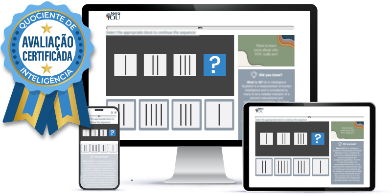 Diferentes dispositivos exibem o teste de QI online TerraYou e as questões de QI.