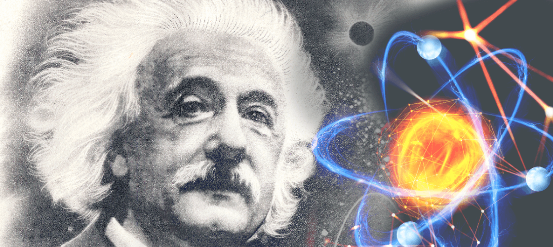 Black and white image of IQ genius, Albert Einstein, next to an atom