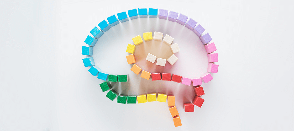 Outline of a brain that has been made with brightly colored board game cubes