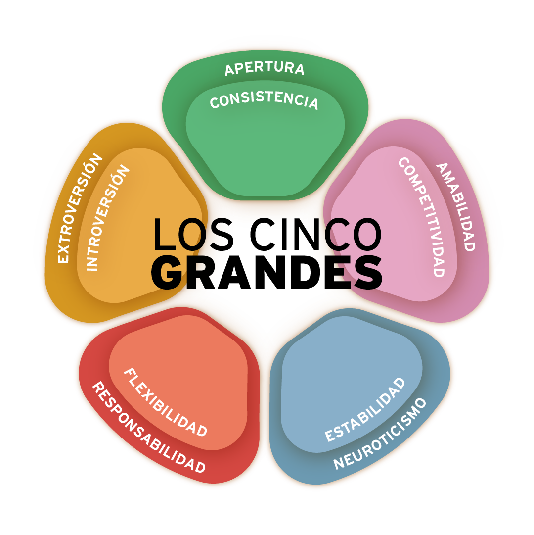 Cada uno de los rasgos de personalidad de los Cinco Grandes escrito en pétalos coloridos con forma de flor y el título "Los Cinco Grandes" en el centro.