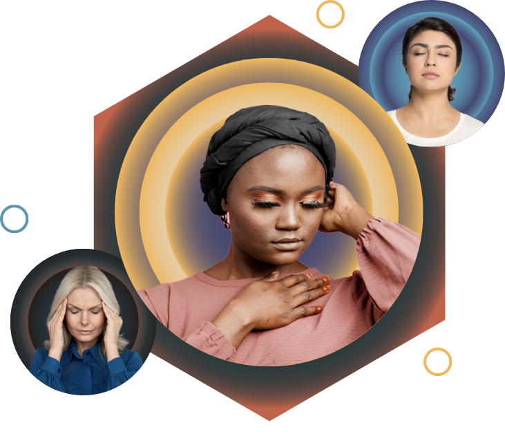 Drei Bilder von Frauen mit gestressten und entspannten Gesichtern, die unterschiedliche Grade von Burnout verdeutlichen