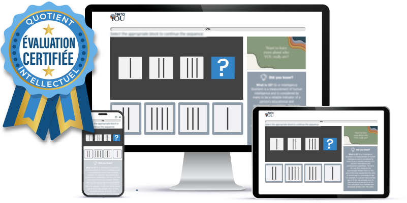 Différents appareils affichent le test en ligne TerraYou de QI ainsi que les questions de QI