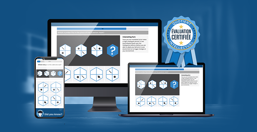 Différents appareils affichent le test en ligne TerraYou de QI ainsi que les questions de QI